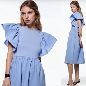 NWT ZARA Ruffled Sleeve Ribbed Midi Dress Light Blue Size M Coquette Girly Glam